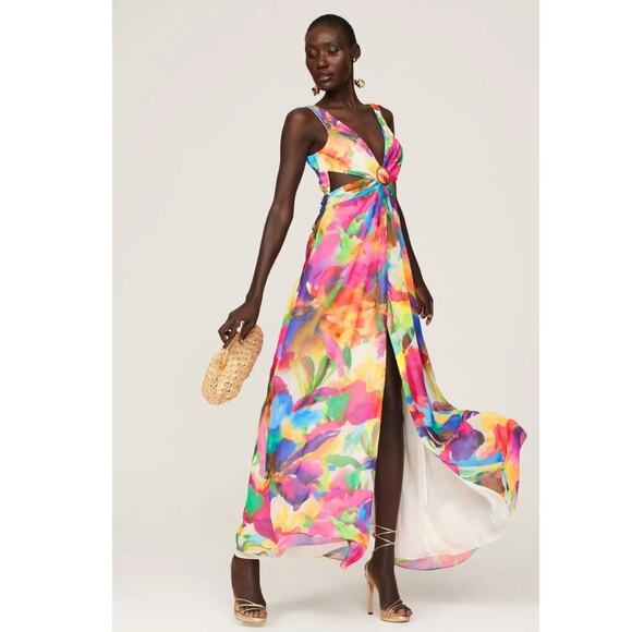 LIV FOSTER Tie Dye Multicolor Floral Abstract Side Cutout A-Line Gown Size 10 - Picture 2 of 16